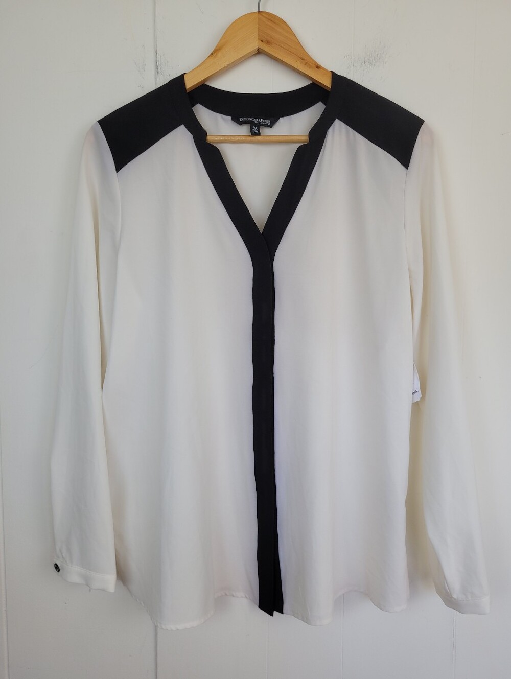 Proportion Petite Size 10 Black & Ivory Contrast Long Sleeve Blouse
